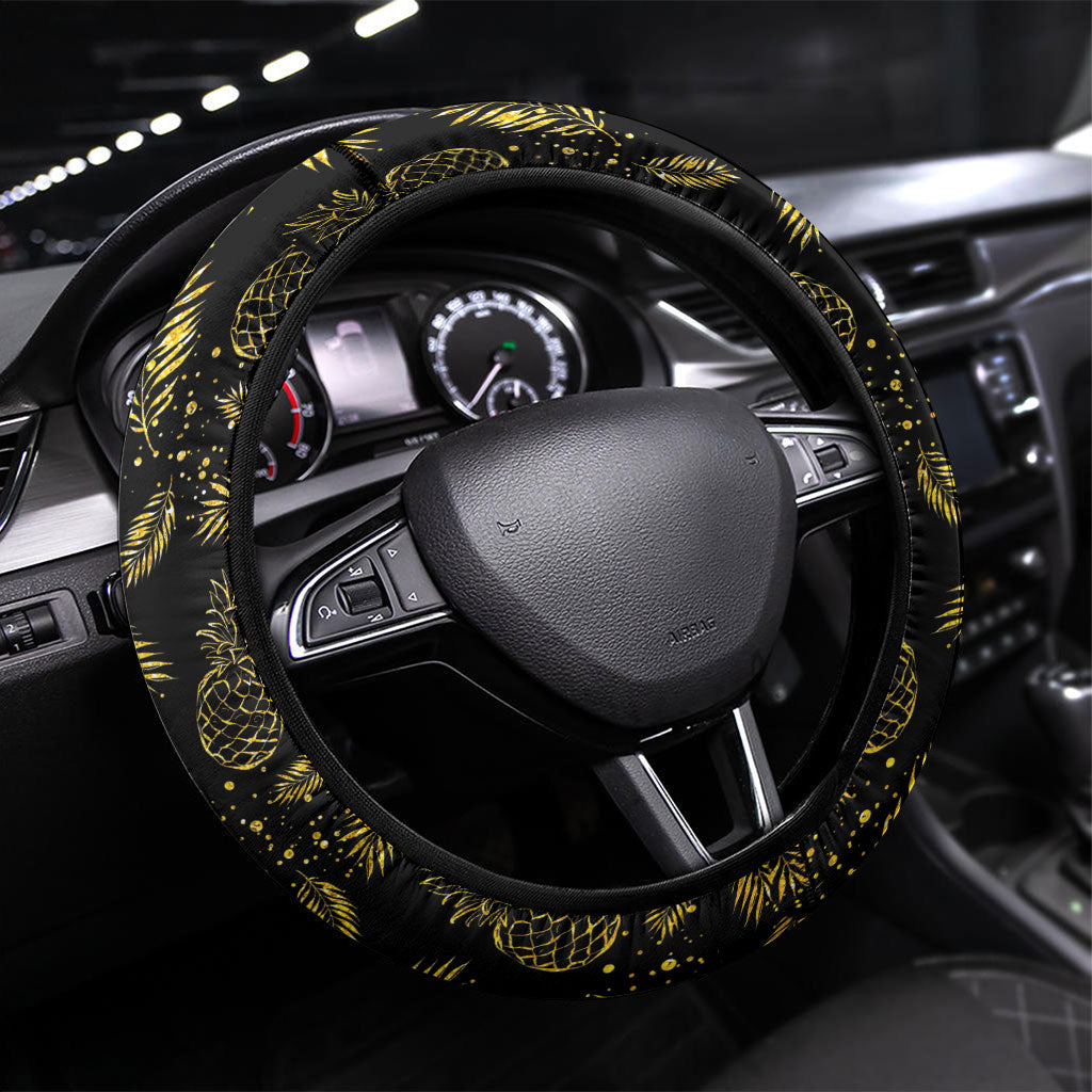 Hawaii Discoverers Day Steering Wheel Cover Tropical Hibiscus Glitter Black LT05 Universal Fit Black - Polynesian Pride