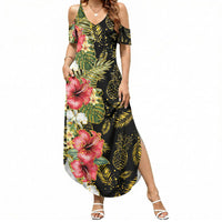 Hawaii Discoverers Day Summer Maxi Dress Tropical Hibiscus Glitter Black LT05 Women Black - Polynesian Pride