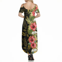 Hawaii Discoverers Day Summer Maxi Dress Tropical Hibiscus Glitter Black LT05 - Polynesian Pride