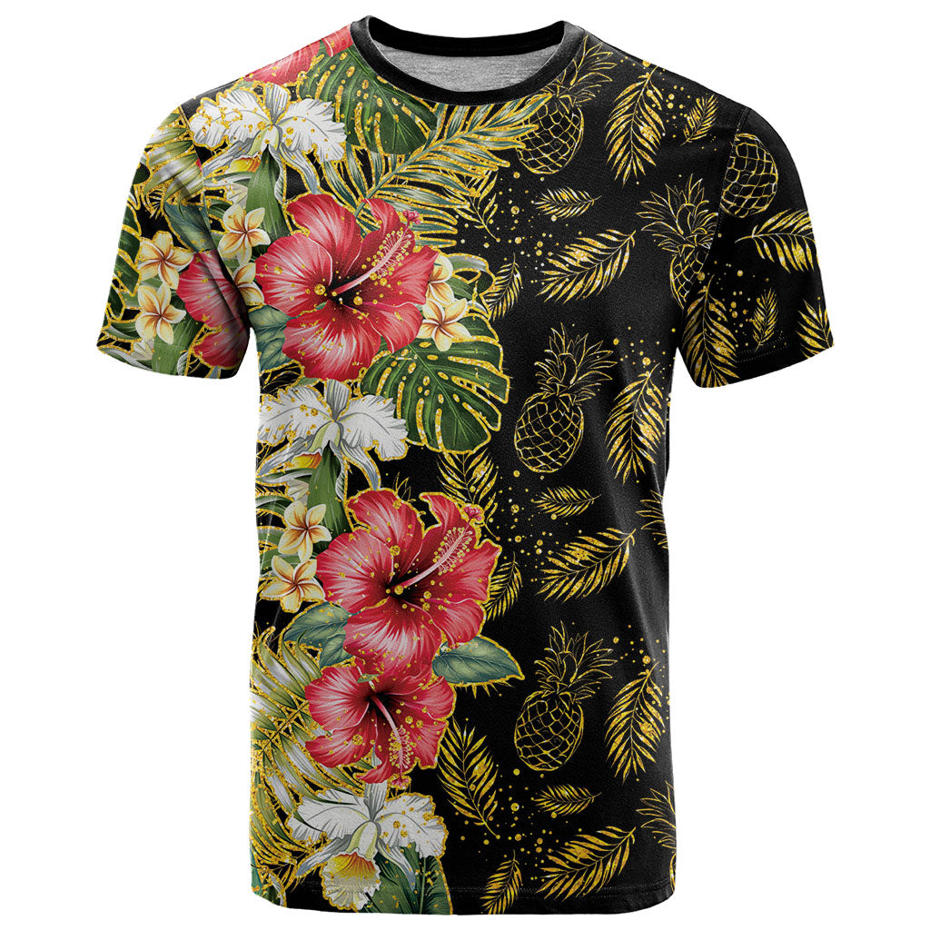 Hawaii Discoverers Day T Shirt Tropical Hibiscus Glitter Black LT05 Black - Polynesian Pride