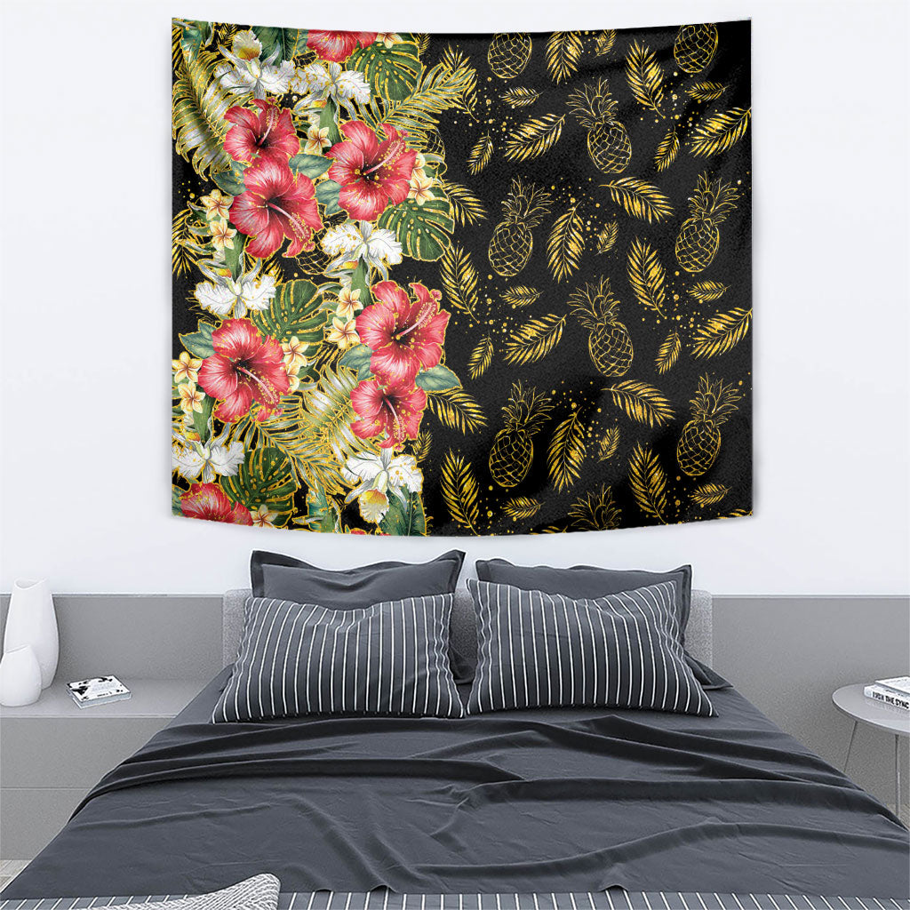 Hawaii Discoverers Day Tapestry Tropical Hibiscus Glitter Black LT05 - Polynesian Pride