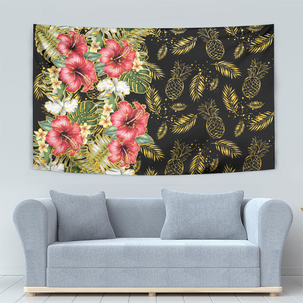 Hawaii Discoverers Day Tapestry Tropical Hibiscus Glitter Black LT05 - Polynesian Pride