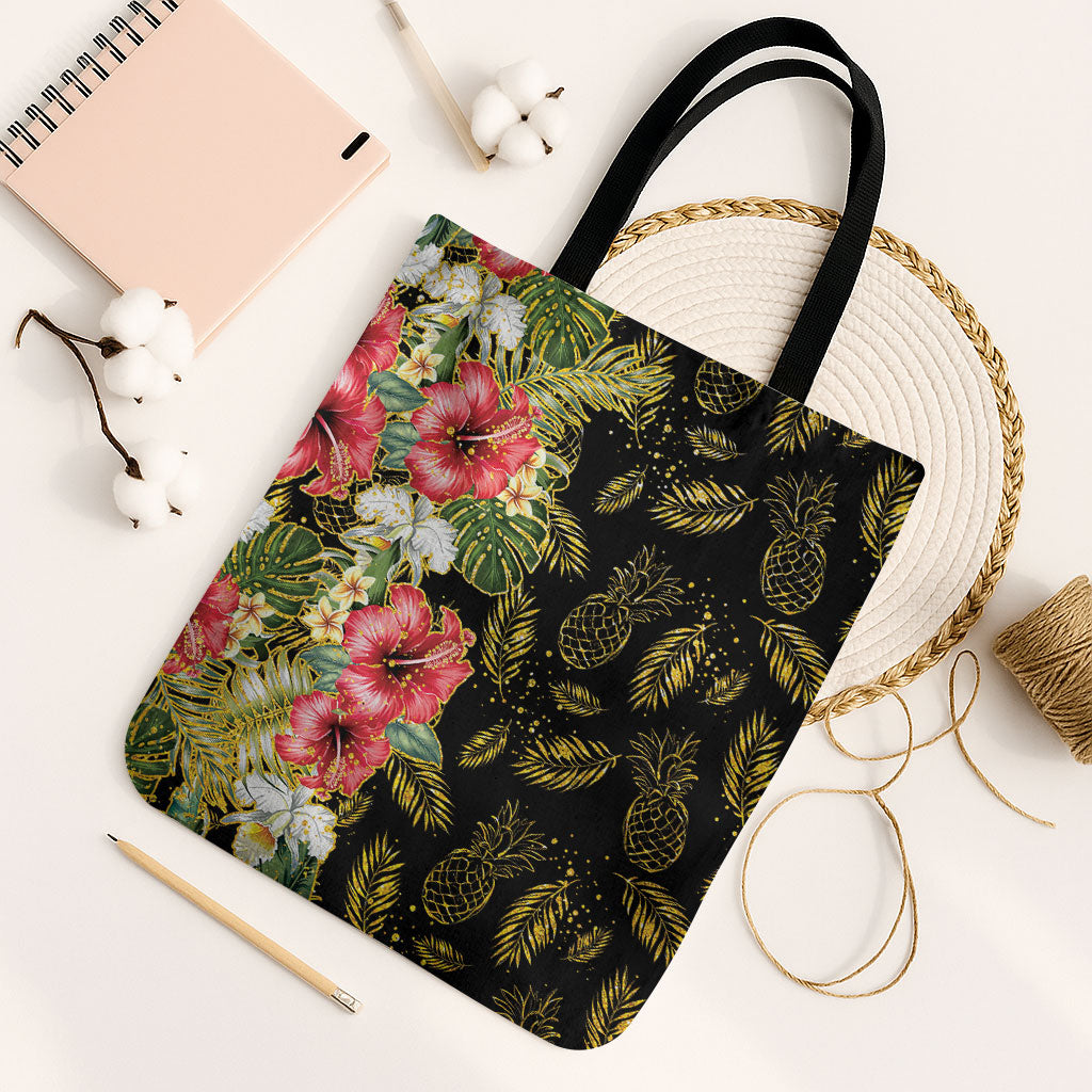Hawaii Discoverers Day Tote Bag Tropical Hibiscus Glitter Black LT05 Black Strap One Size Black - Polynesian Pride