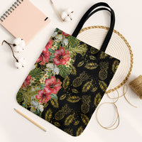Hawaii Discoverers Day Tote Bag Tropical Hibiscus Glitter Black LT05 Black Strap One Size Black - Polynesian Pride