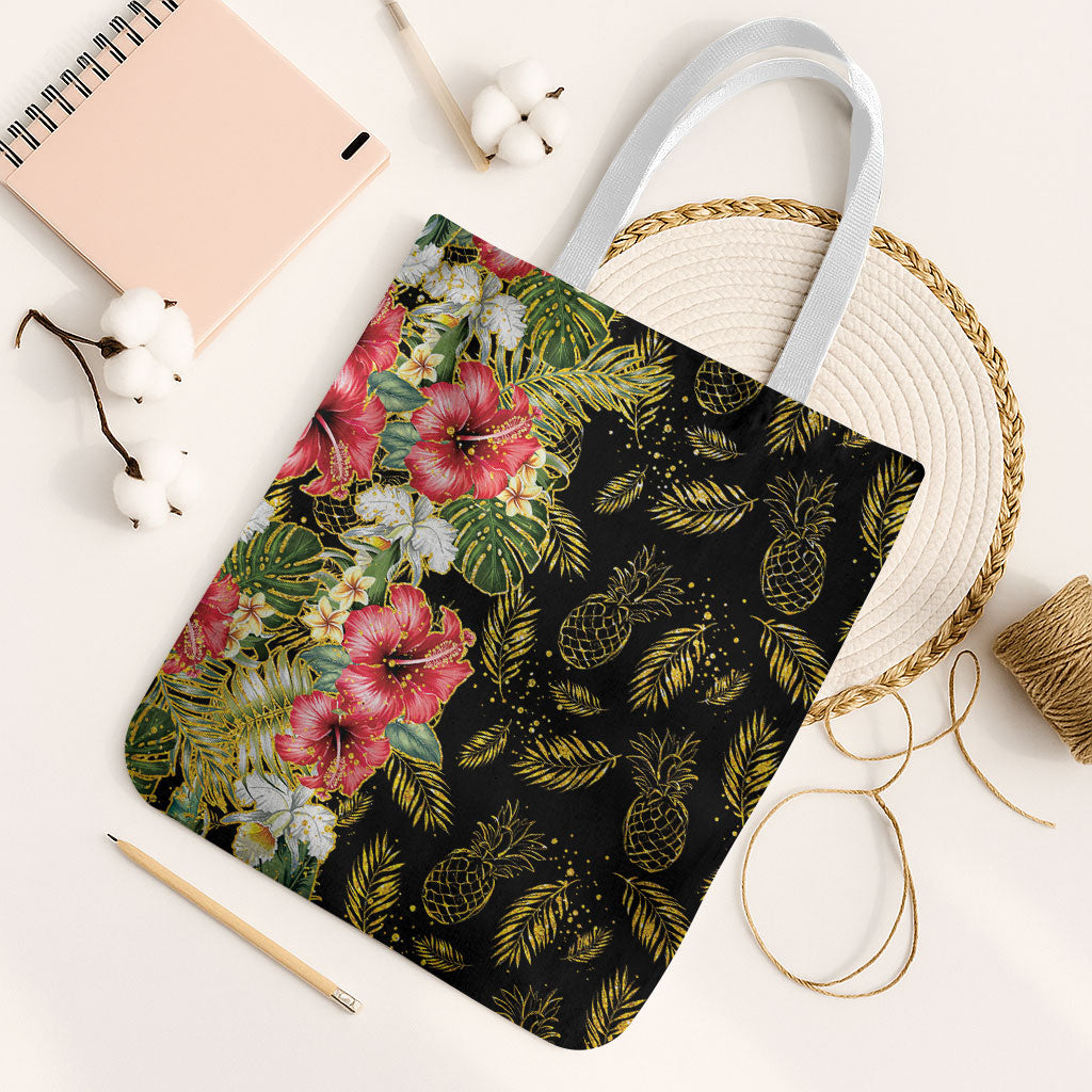 Hawaii Discoverers Day Tote Bag Tropical Hibiscus Glitter Black LT05 White Strap One Size Black - Polynesian Pride