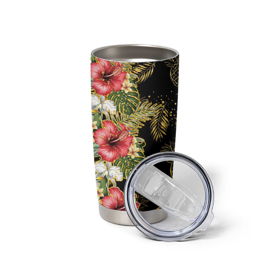 Hawaii Discoverers Day Tumbler Cup Tropical Hibiscus Glitter Black LT05 - Polynesian Pride