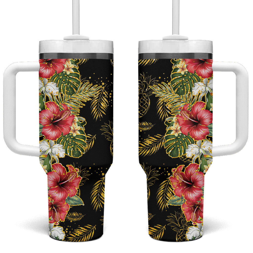 Hawaii Discoverers Day Tumbler With Handle Tropical Hibiscus Glitter Black LT05 One Size: 40 oz Black - Polynesian Pride