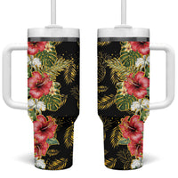 Hawaii Discoverers Day Tumbler With Handle Tropical Hibiscus Glitter Black LT05 One Size: 40 oz Black - Polynesian Pride