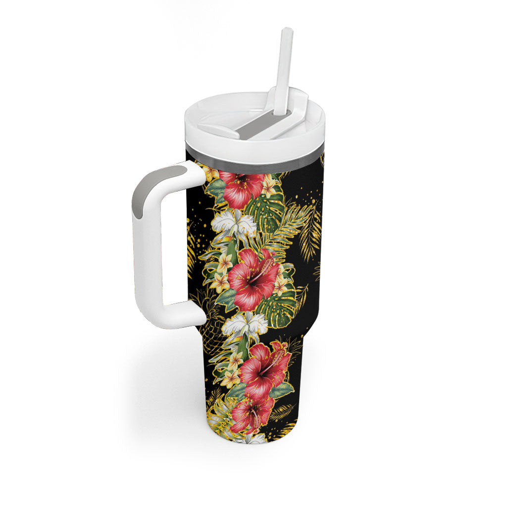 Hawaii Discoverers Day Tumbler With Handle Tropical Hibiscus Glitter Black LT05 - Polynesian Pride