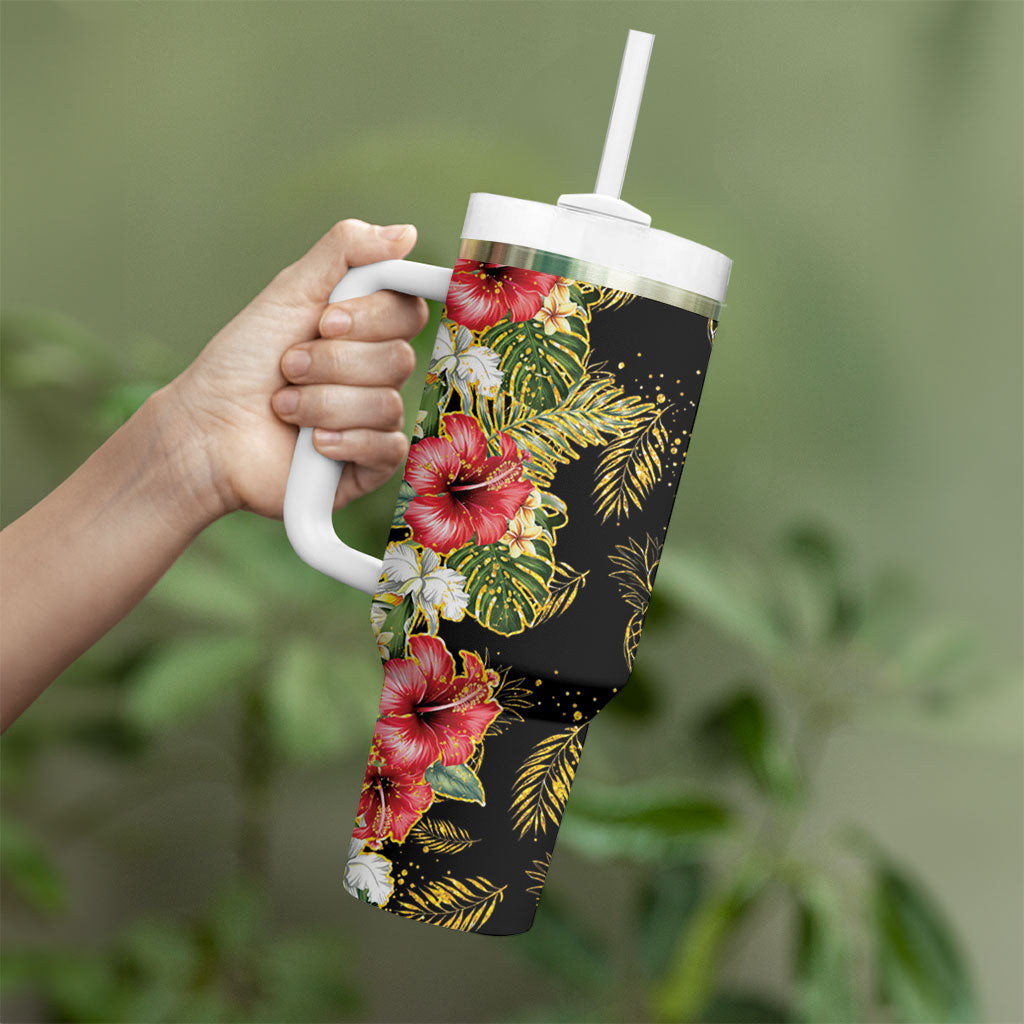 Hawaii Discoverers Day Tumbler With Handle Tropical Hibiscus Glitter Black LT05 - Polynesian Pride