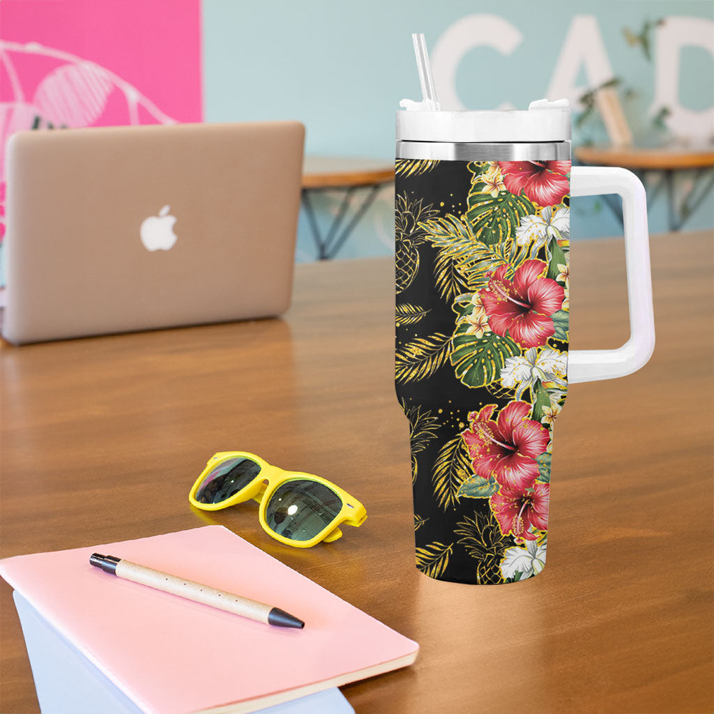 Hawaii Discoverers Day Tumbler With Handle Tropical Hibiscus Glitter Black LT05 - Polynesian Pride