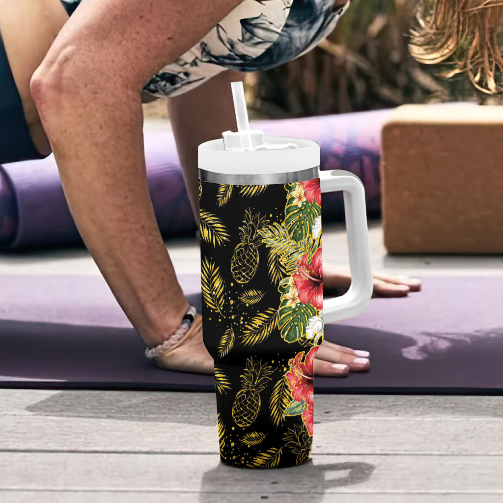 Hawaii Discoverers Day Tumbler With Handle Tropical Hibiscus Glitter Black LT05 - Polynesian Pride