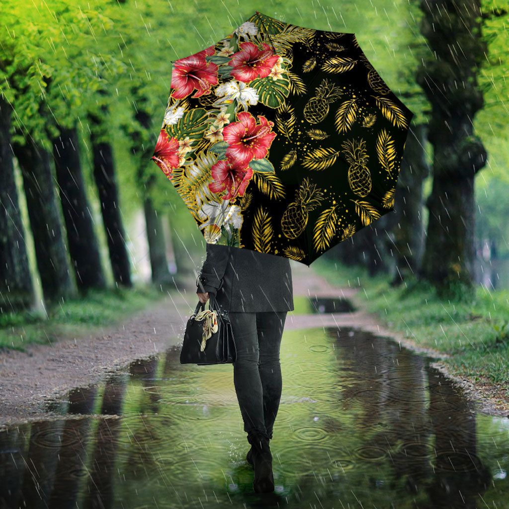 Hawaii Discoverers Day Umbrella Tropical Hibiscus Glitter Black LT05 - Polynesian Pride