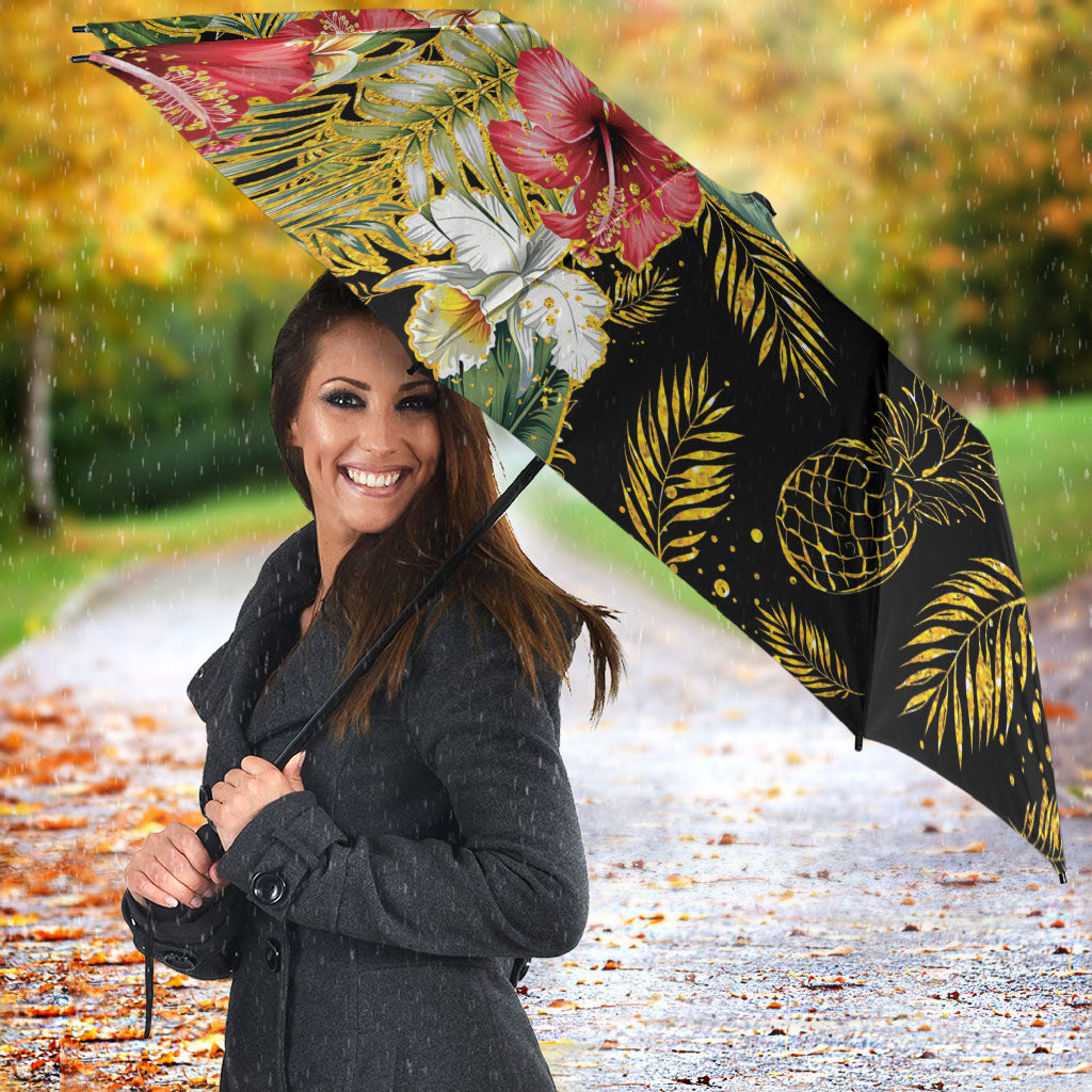 Hawaii Discoverers Day Umbrella Tropical Hibiscus Glitter Black LT05 - Polynesian Pride