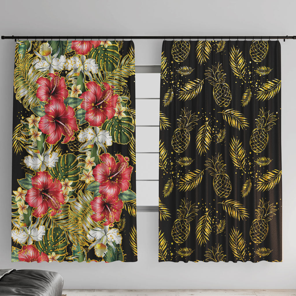Hawaii Discoverers Day Window Curtain Tropical Hibiscus Glitter Black LT05 With Hooks Black - Polynesian Pride