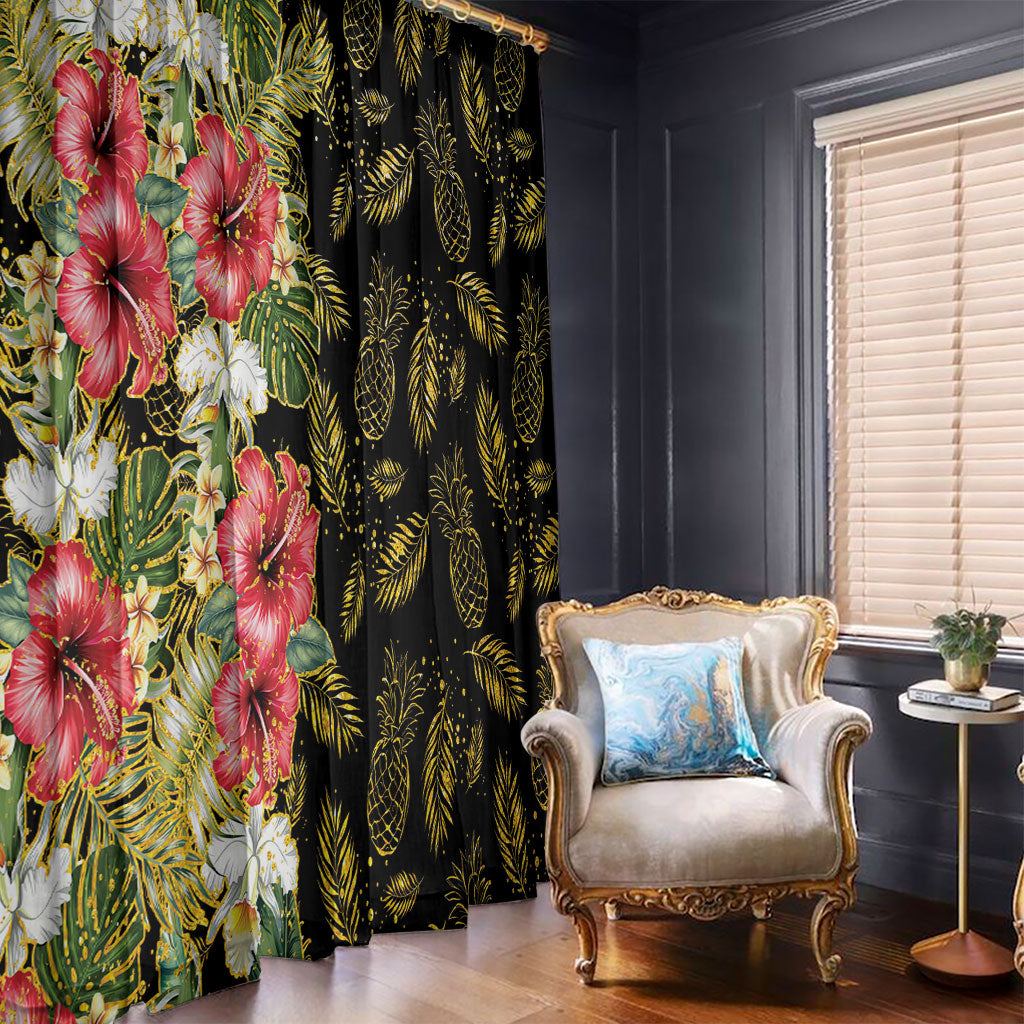 Hawaii Discoverers Day Window Curtain Tropical Hibiscus Glitter Black LT05 - Polynesian Pride