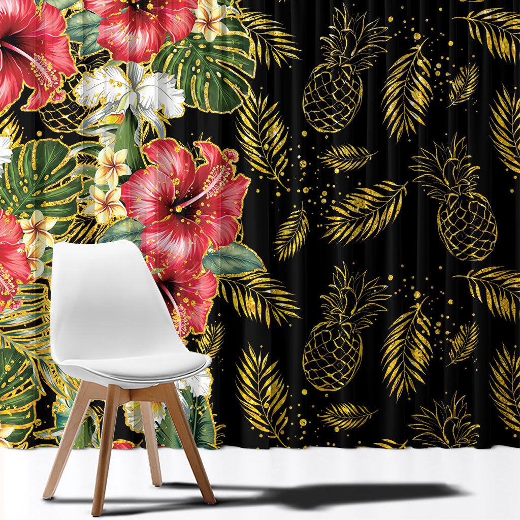 Hawaii Discoverers Day Window Curtain Tropical Hibiscus Glitter Black LT05 - Polynesian Pride