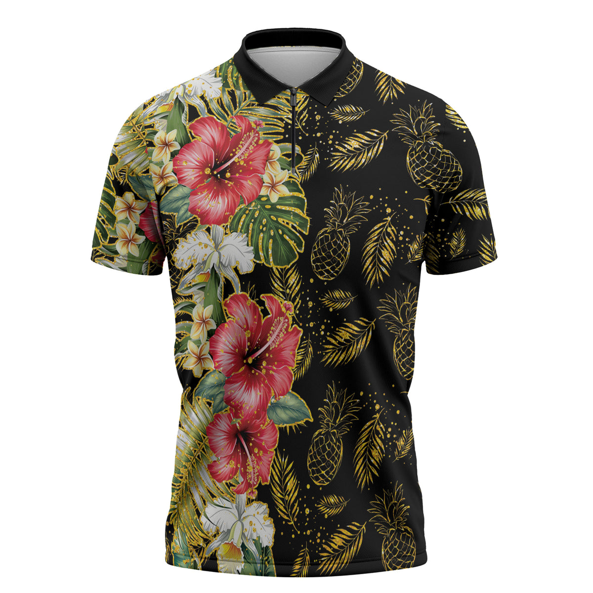 Hawaii Discoverers Day Zipper Polo Shirt Tropical Hibiscus Glitter Black LT05 Black - Polynesian Pride