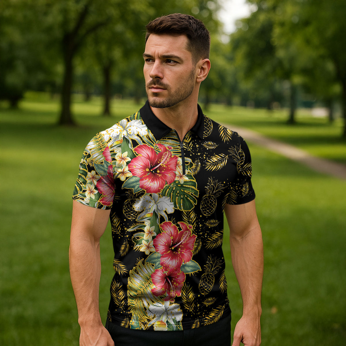Hawaii Discoverers Day Zipper Polo Shirt Tropical Hibiscus Glitter Black LT05 - Polynesian Pride