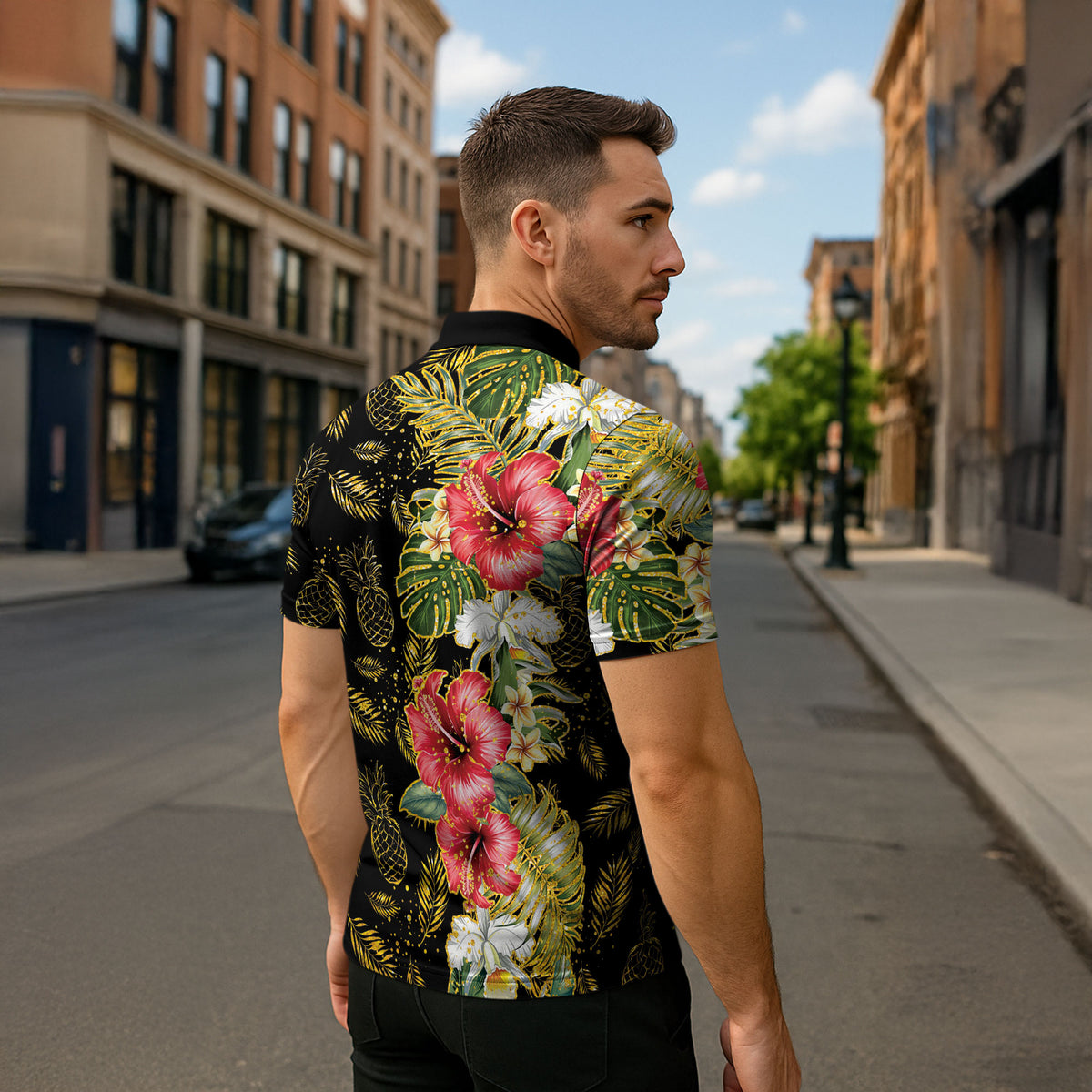 Hawaii Discoverers Day Zipper Polo Shirt Tropical Hibiscus Glitter Black LT05 - Polynesian Pride
