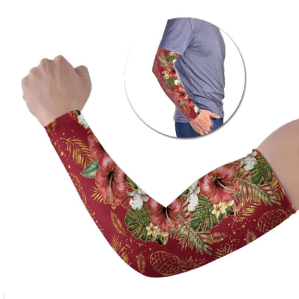 Hawaii Discoverers Day Arm Sleeves Tropical Hibiscus Glitter Crimson LT05 Set of 2 Crimson - Polynesian Pride