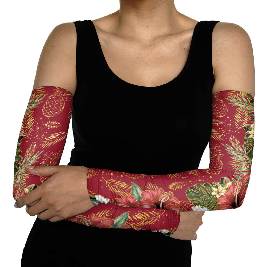 Hawaii Discoverers Day Arm Sleeves Tropical Hibiscus Glitter Crimson LT05 - Polynesian Pride