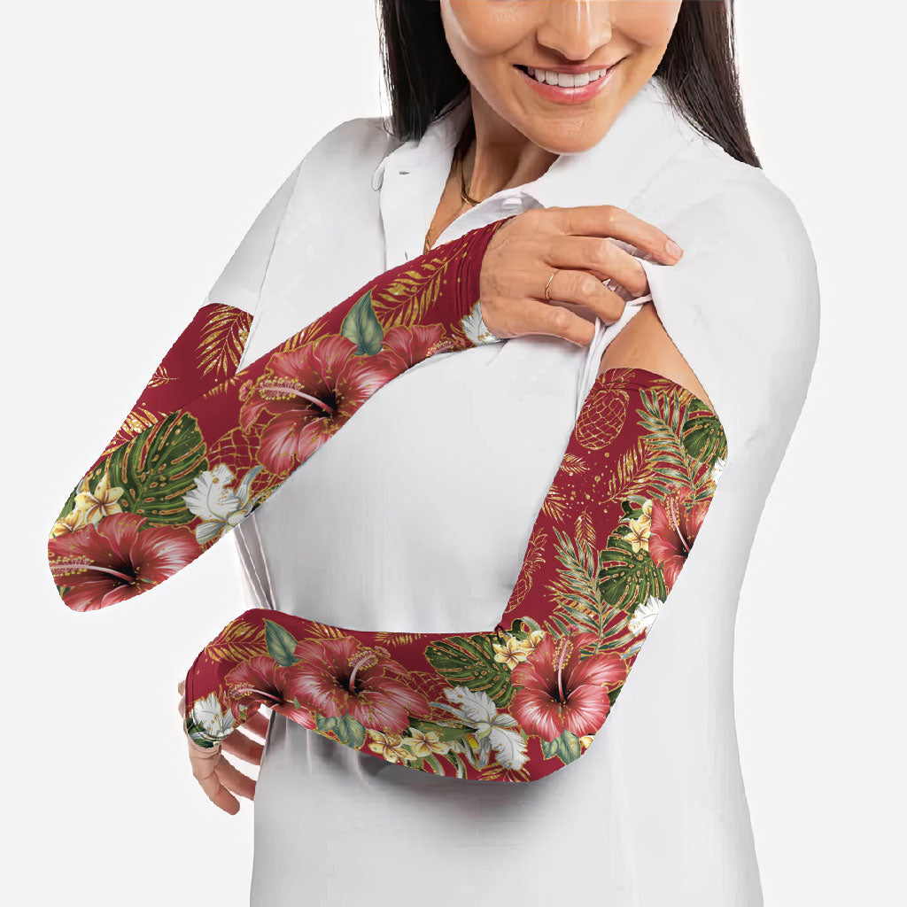 Hawaii Discoverers Day Arm Sleeves Tropical Hibiscus Glitter Crimson LT05 - Polynesian Pride