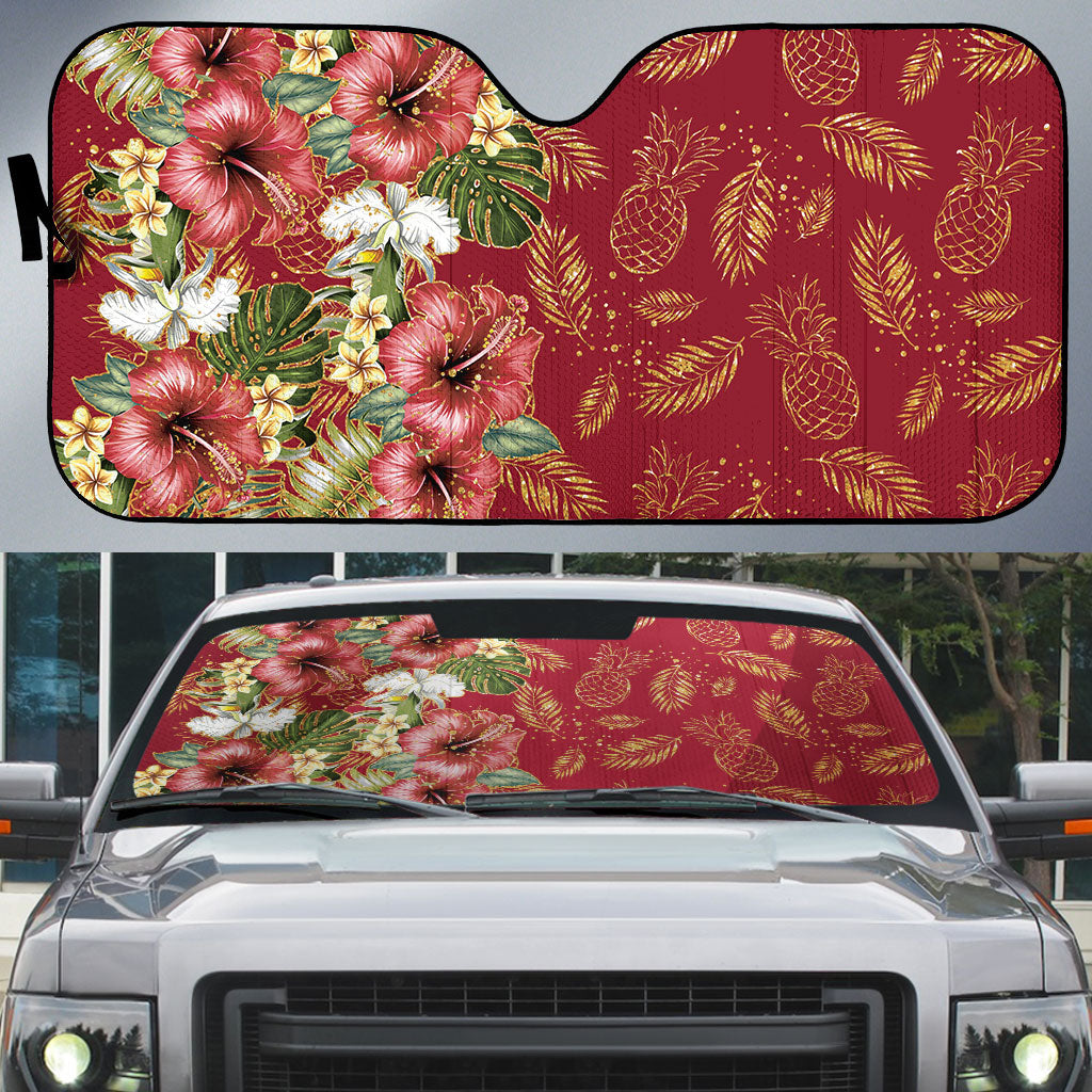 Hawaii Discoverers Day Auto Sun Shade Tropical Hibiscus Glitter Crimson LT05 Crimson - Polynesian Pride