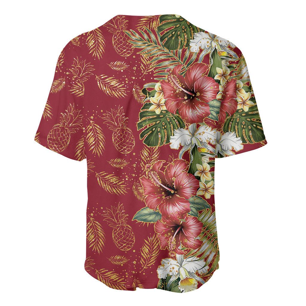 Hawaii Discoverers Day Baseball Jersey Tropical Hibiscus Glitter Crimson LT05 - Polynesian Pride