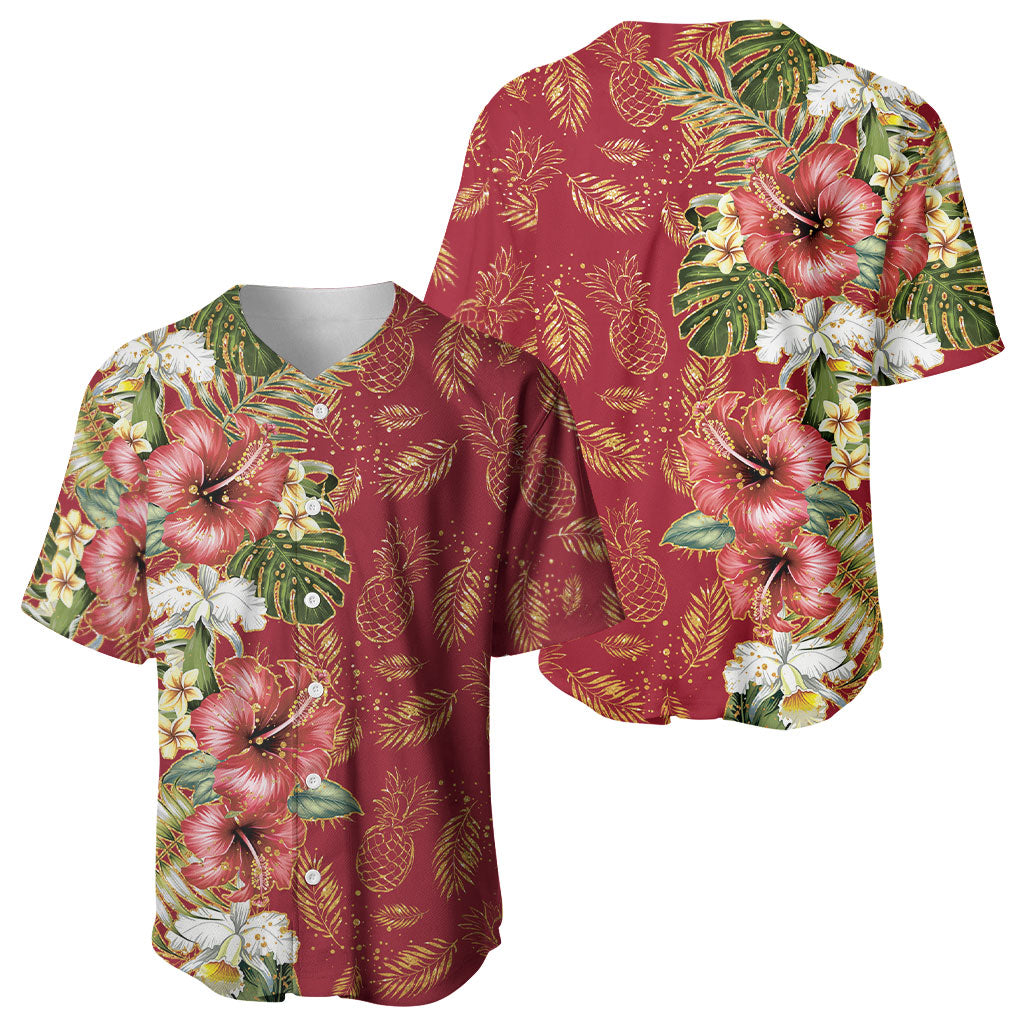 Hawaii Discoverers Day Baseball Jersey Tropical Hibiscus Glitter Crimson LT05 - Polynesian Pride