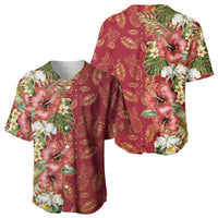 Hawaii Discoverers Day Baseball Jersey Tropical Hibiscus Glitter Crimson LT05 - Polynesian Pride