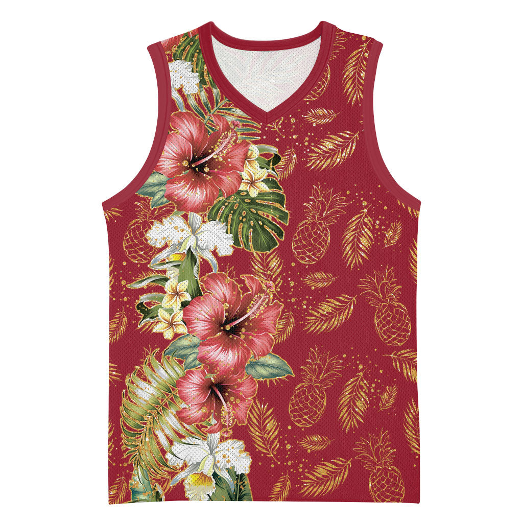 Hawaii Discoverers Day Basketball Jersey Tropical Hibiscus Glitter Crimson LT05 Unisex Crimson - Polynesian Pride