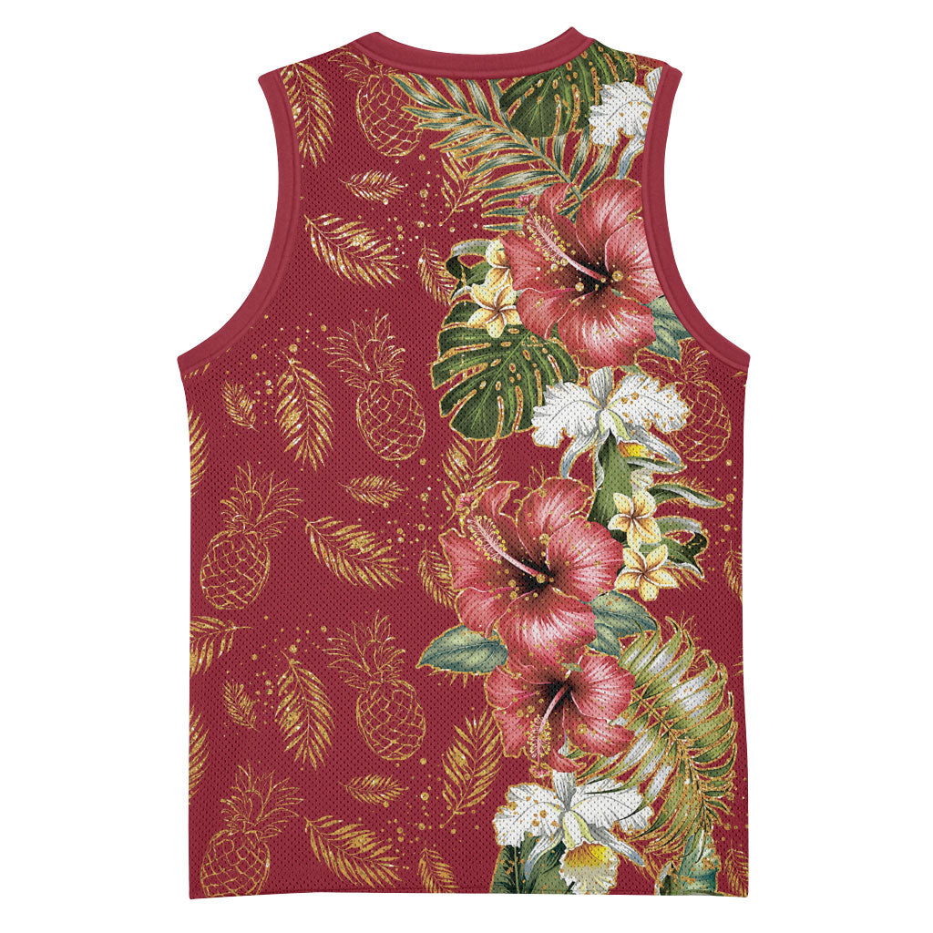 Hawaii Discoverers Day Basketball Jersey Tropical Hibiscus Glitter Crimson LT05 - Polynesian Pride