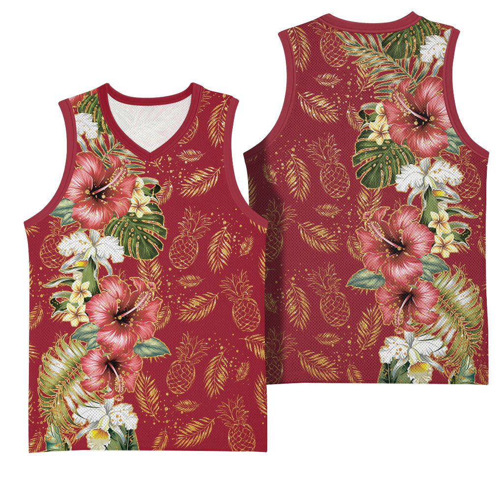 Hawaii Discoverers Day Basketball Jersey Tropical Hibiscus Glitter Crimson LT05 - Polynesian Pride