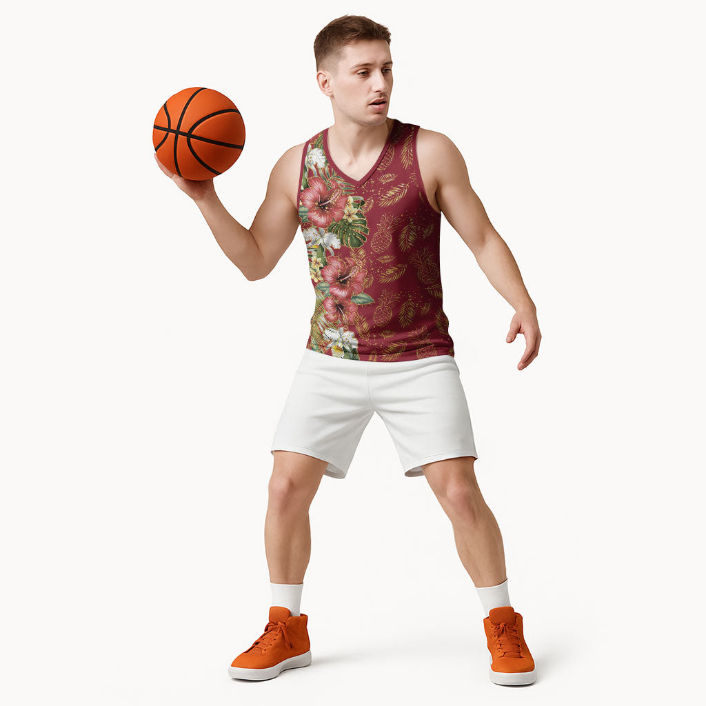 Hawaii Discoverers Day Basketball Jersey Tropical Hibiscus Glitter Crimson LT05 - Polynesian Pride