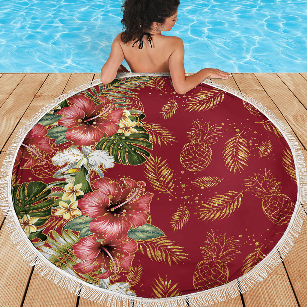 Hawaii Discoverers Day Beach Blanket Tropical Hibiscus Glitter Crimson LT05 - Polynesian Pride