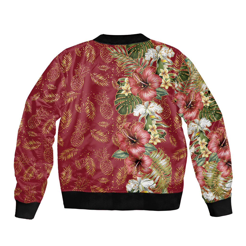Hawaii Discoverers Day Bomber Jacket Tropical Hibiscus Glitter Crimson LT05 - Polynesian Pride