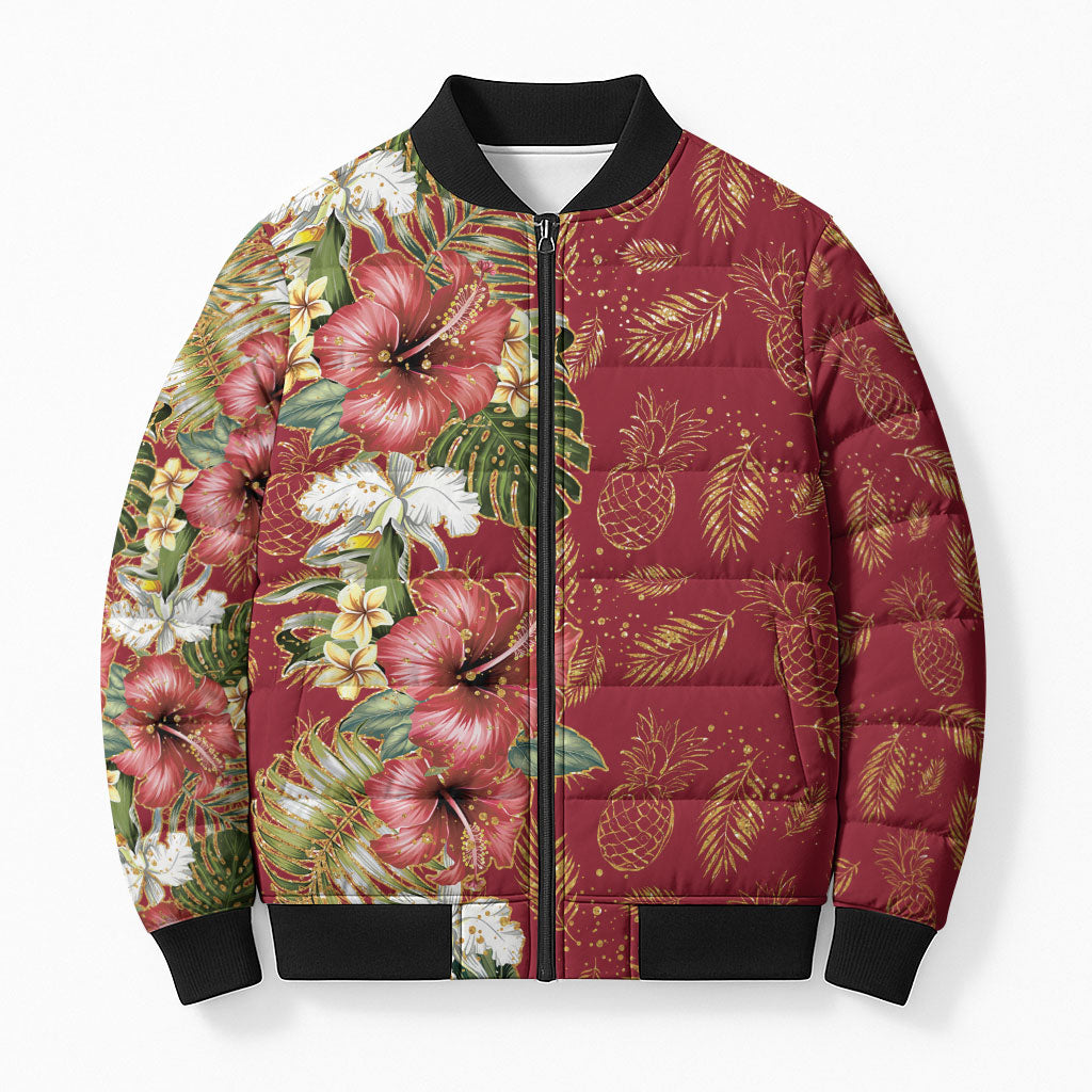 Hawaii Discoverers Day Bomber Puffer Jacket Tropical Hibiscus Glitter Crimson LT05 Unisex Crimson - Polynesian Pride