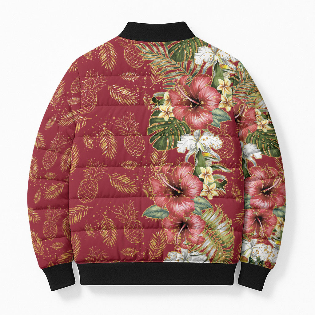 Hawaii Discoverers Day Bomber Puffer Jacket Tropical Hibiscus Glitter Crimson LT05 - Polynesian Pride
