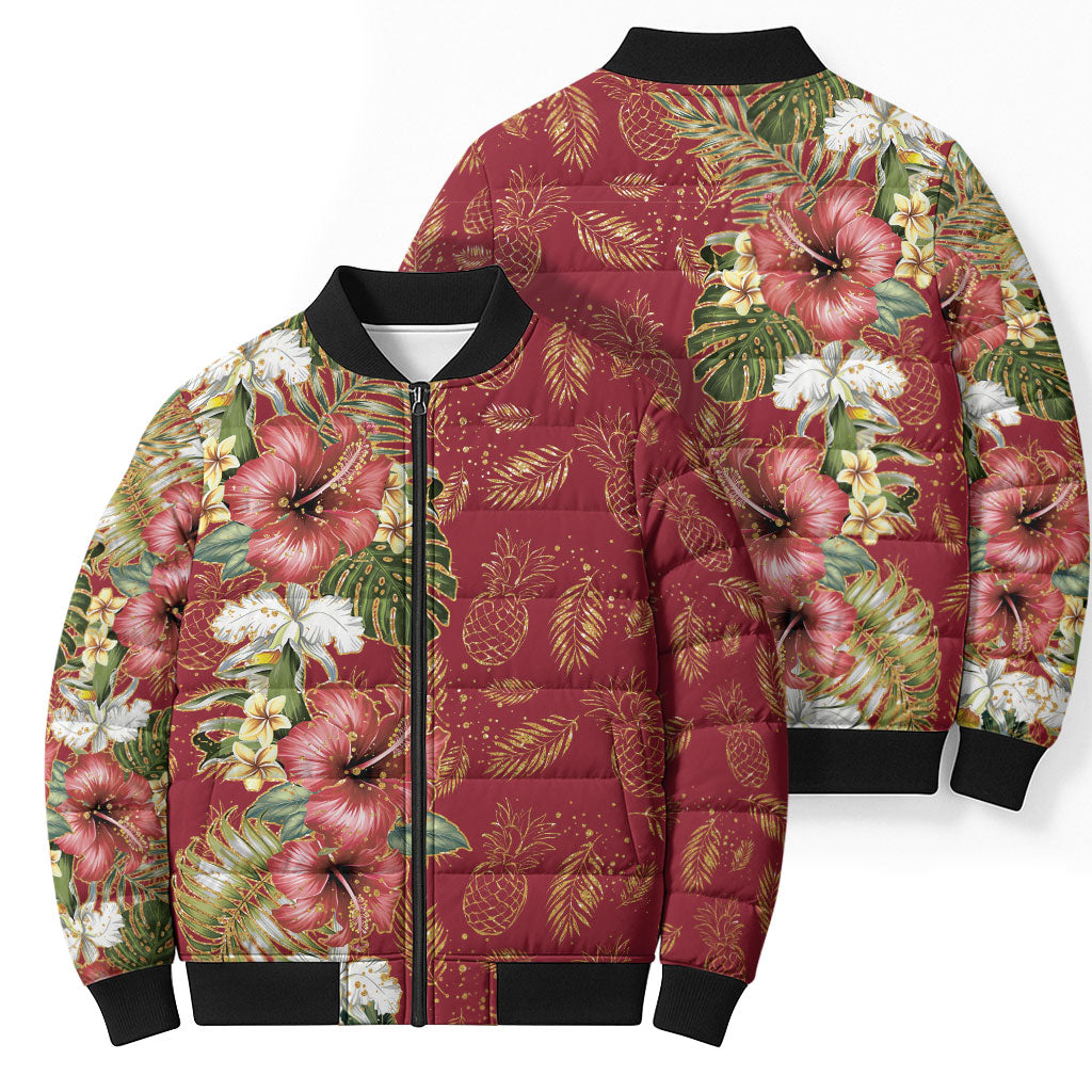 Hawaii Discoverers Day Bomber Puffer Jacket Tropical Hibiscus Glitter Crimson LT05 - Polynesian Pride