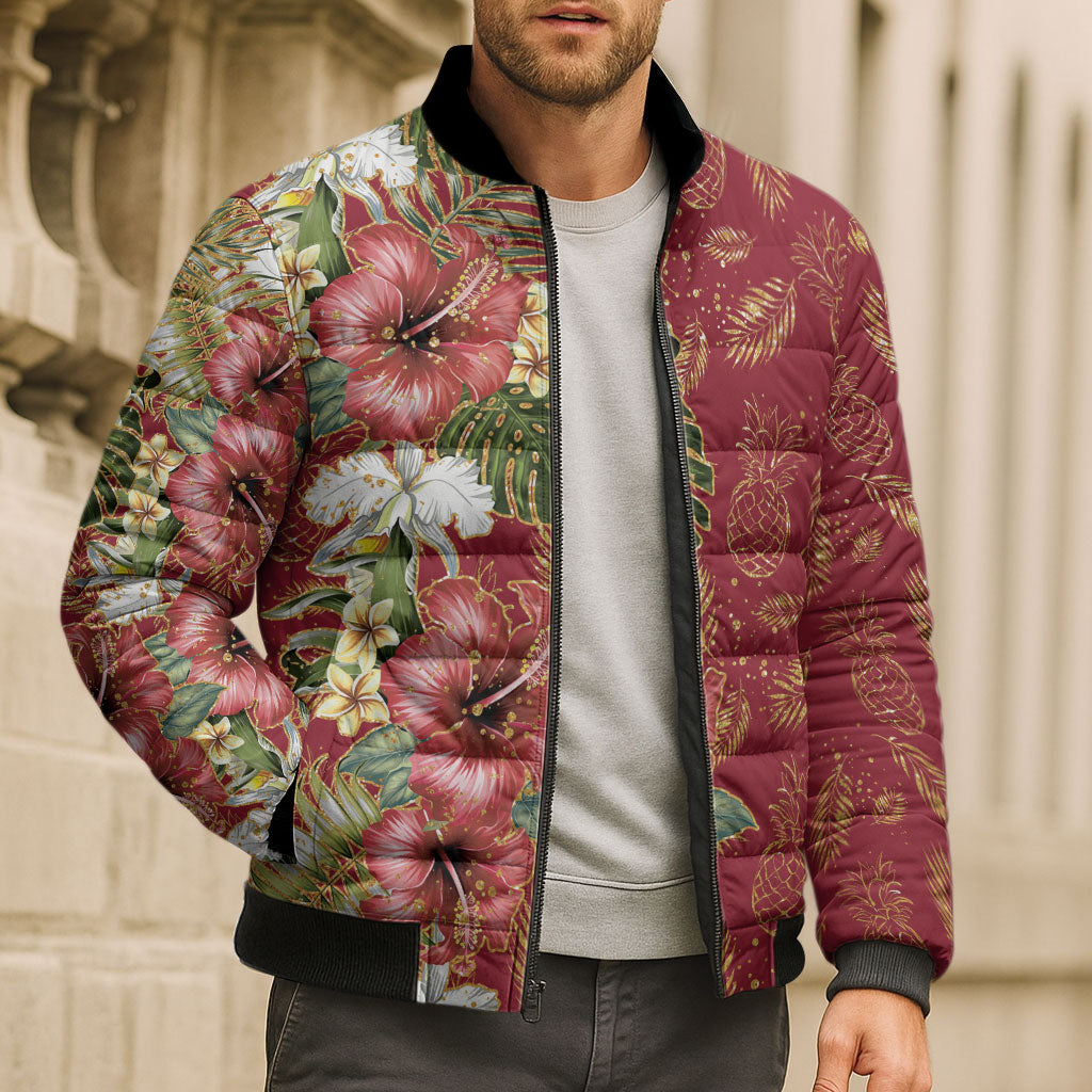 Hawaii Discoverers Day Bomber Puffer Jacket Tropical Hibiscus Glitter Crimson LT05 - Polynesian Pride