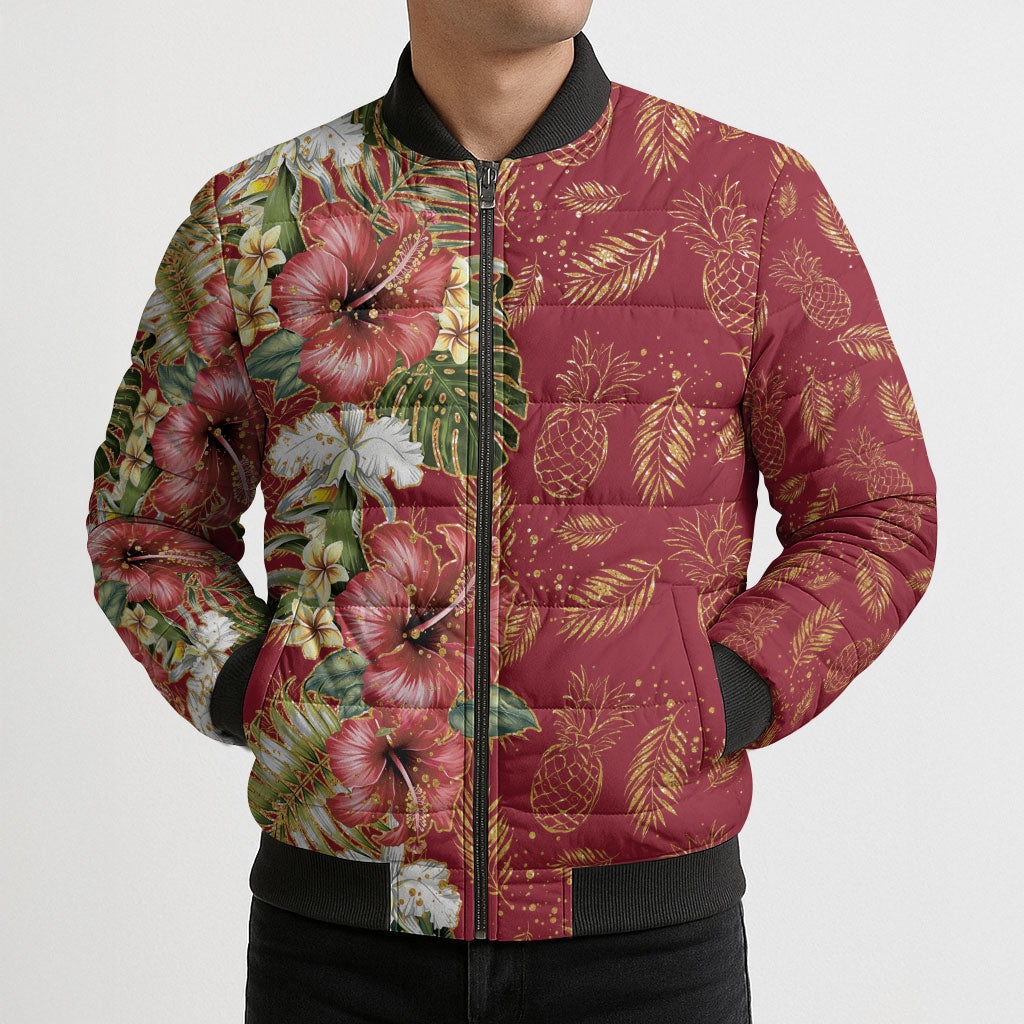 Hawaii Discoverers Day Bomber Puffer Jacket Tropical Hibiscus Glitter Crimson LT05 - Polynesian Pride