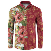 Hawaii Discoverers Day Button Sweatshirt Tropical Hibiscus Glitter Crimson LT05 Crimson - Polynesian Pride