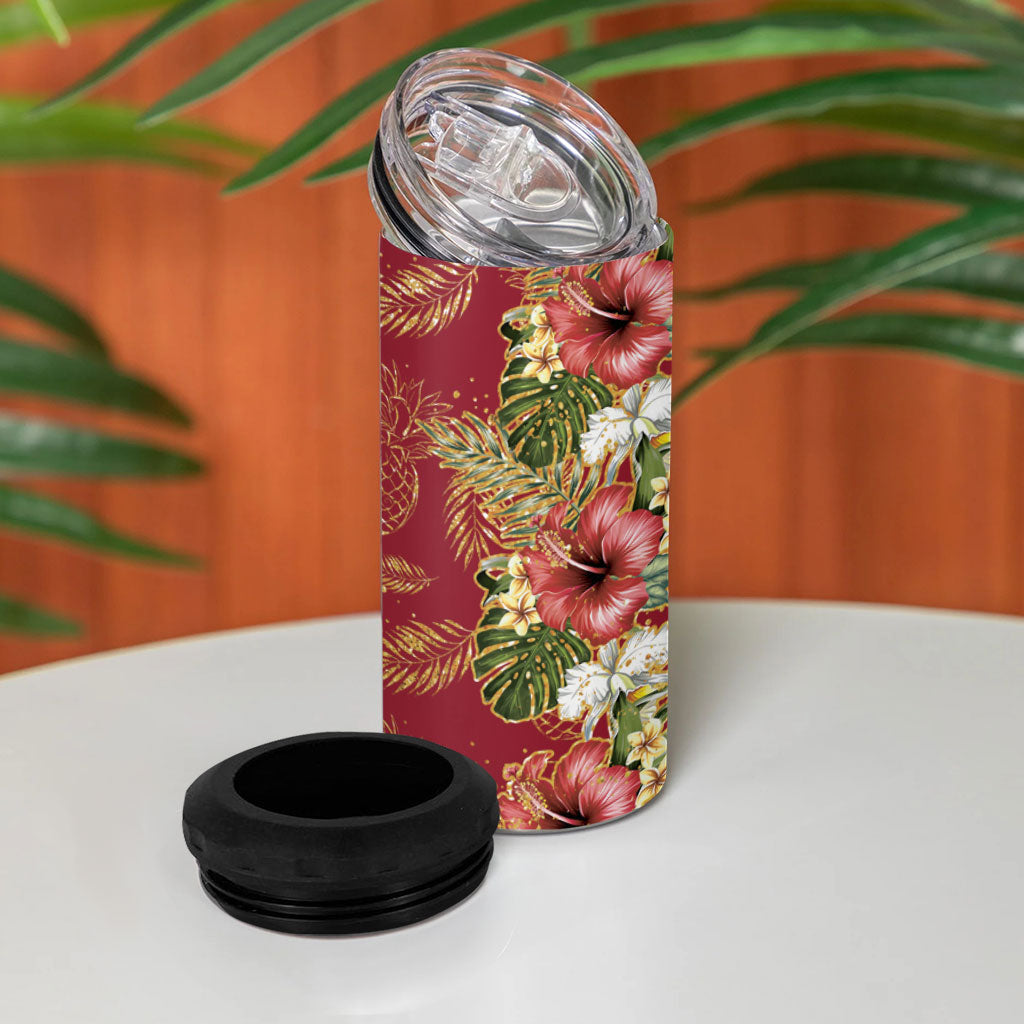 Hawaii Discoverers Day 4 in 1 Can Cooler Tumbler Tropical Hibiscus Glitter Crimson LT05 - Polynesian Pride