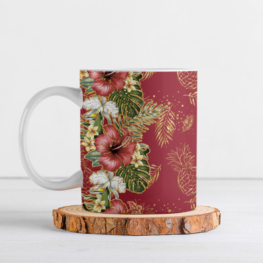 Hawaii Discoverers Day Ceramic Mug Tropical Hibiscus Glitter Crimson