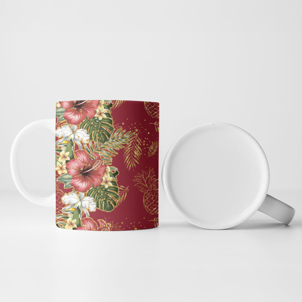 Hawaii Discoverers Day Ceramic Mug Tropical Hibiscus Glitter Crimson