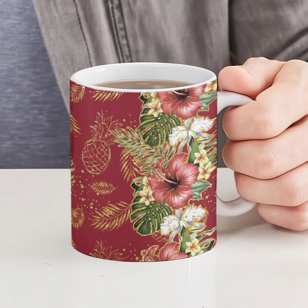 Hawaii Discoverers Day Ceramic Mug Tropical Hibiscus Glitter Crimson