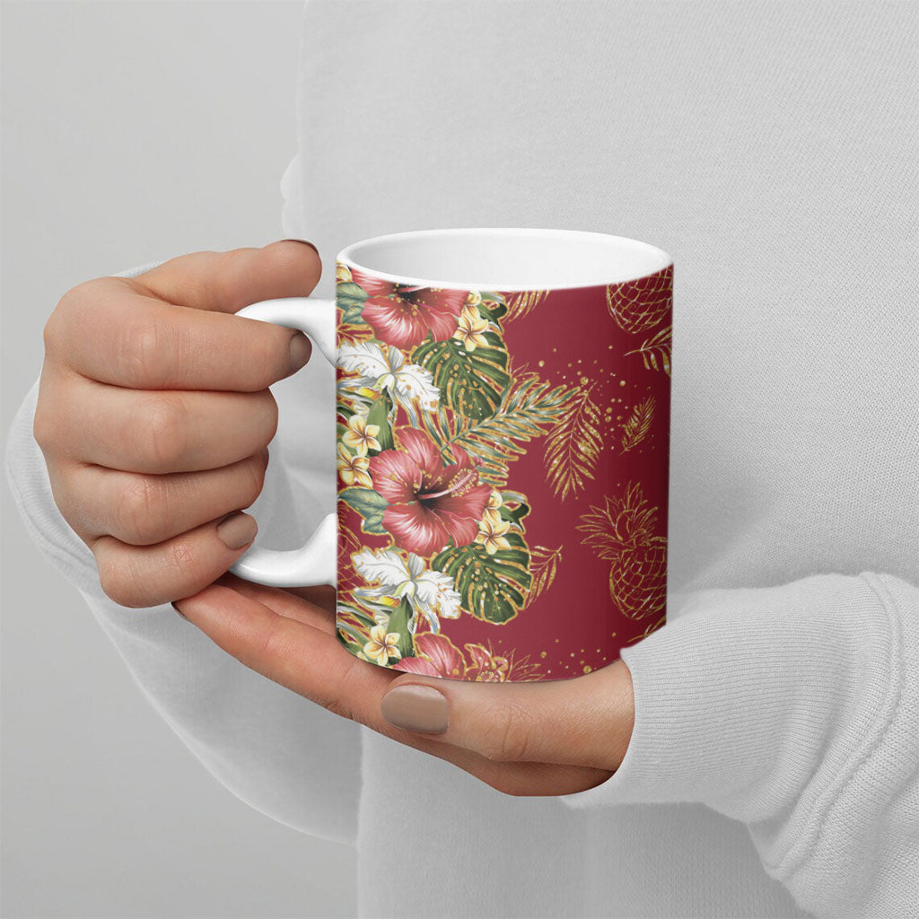 Hawaii Discoverers Day Ceramic Mug Tropical Hibiscus Glitter Crimson