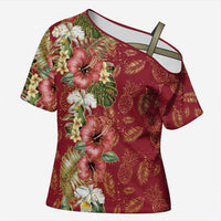 Hawaii Discoverers Day Cross Shoulder Shirt Tropical Hibiscus Glitter Crimson LT05 Female Crimson - Polynesian Pride