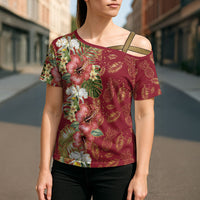 Hawaii Discoverers Day Cross Shoulder Shirt Tropical Hibiscus Glitter Crimson LT05 - Polynesian Pride